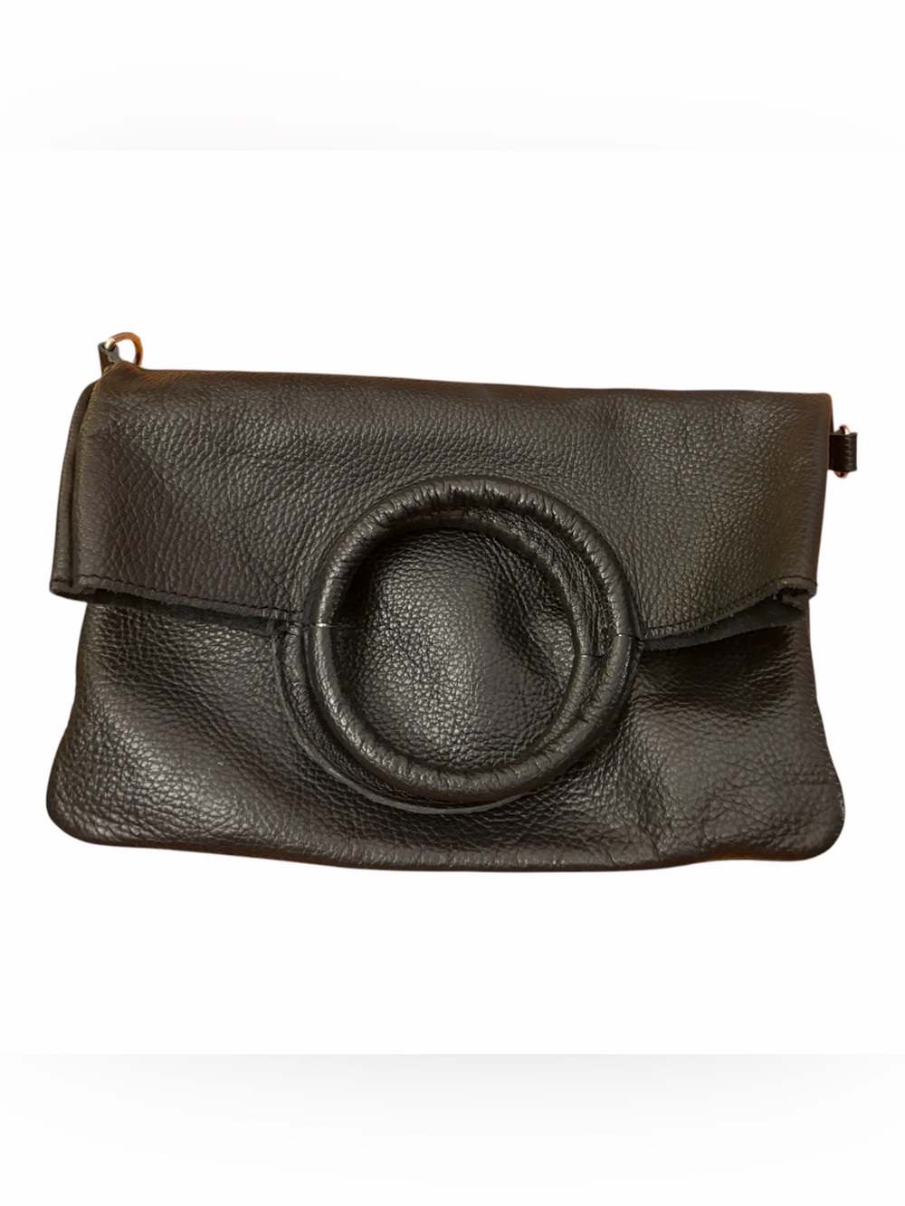 Black Pebbled Genuine Leather Foldover Clutch Crossbody Bag Boho Minimalist Chic